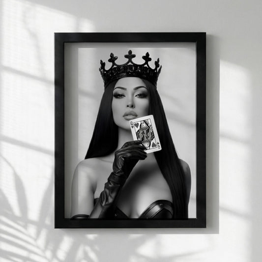 Queen of Hearts Poster, Black and White Fashion Wall Art, Edgy Crown Portrait Print, Playing Card Decor, Modern Glamour Art Print