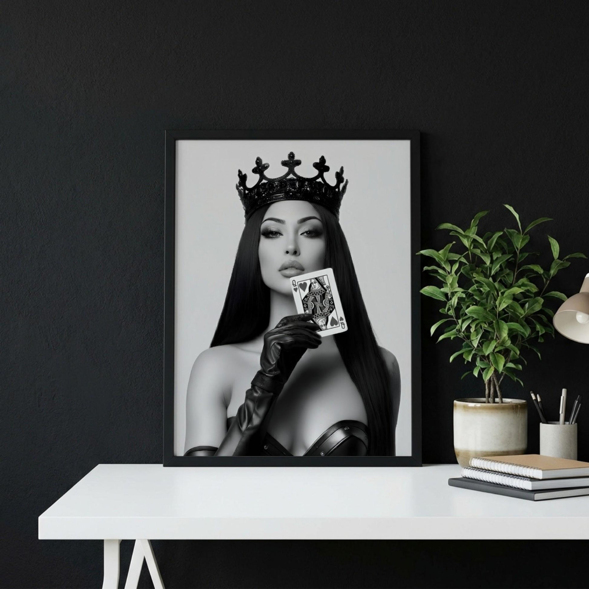 Queen of Hearts Poster, Black and White Fashion Wall Art, Edgy Crown Portrait Print, Playing Card Decor, Modern Glamour Art Print