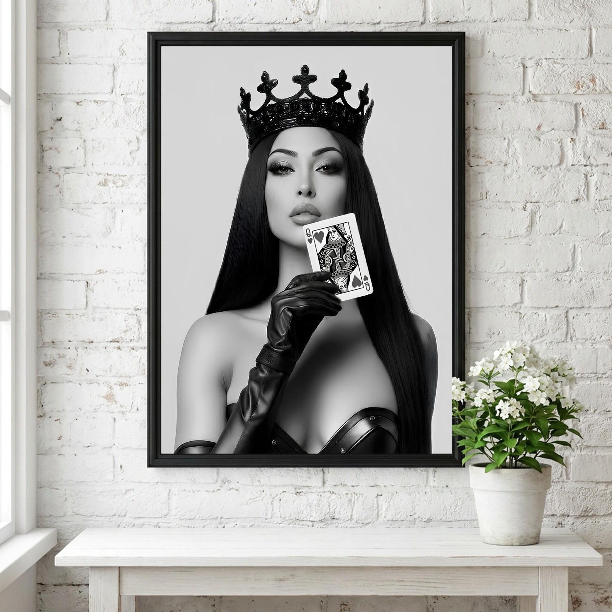 Queen of Hearts Poster, Black and White Fashion Wall Art, Edgy Crown Portrait Print, Playing Card Decor, Modern Glamour Art Print