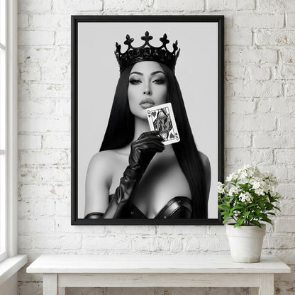 Queen of Hearts Poster, Black and White Fashion Wall Art, Edgy Crown Portrait Print, Playing Card Decor, Modern Glamour Art Print