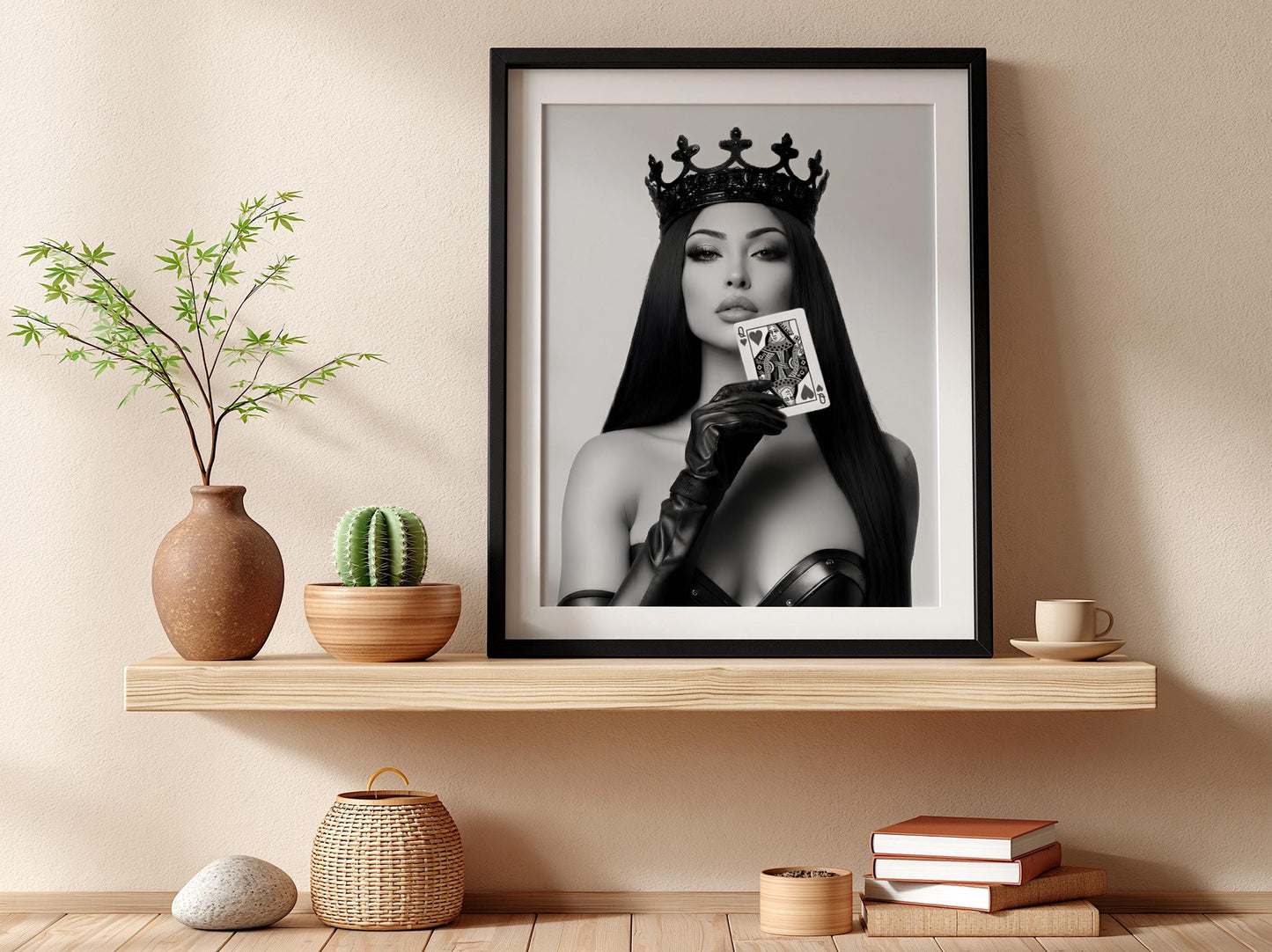 Queen of Hearts Poster, Black and White Fashion Wall Art, Edgy Crown Portrait Print, Playing Card Decor, Modern Glamour Art Print