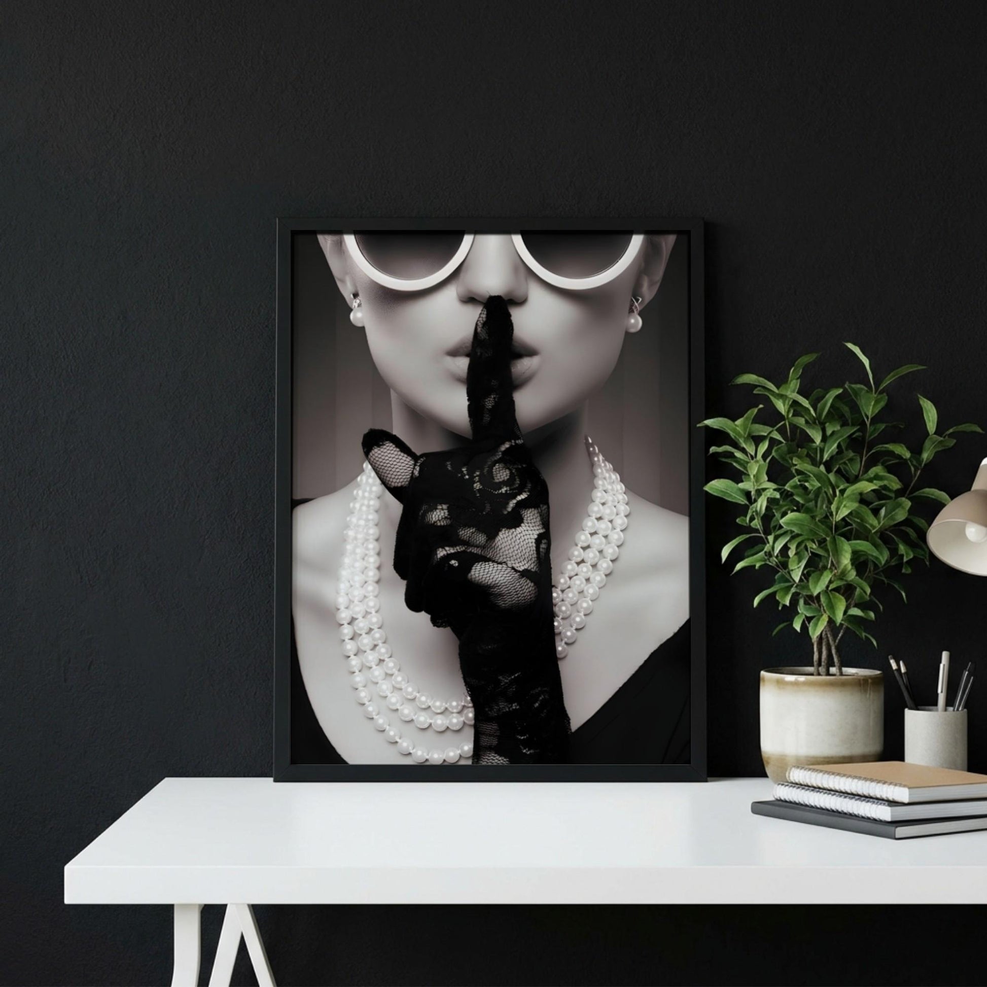 Shh Woman Poster, Black and White Fashion Wall Art, Retro Glamour Print, Pearl Necklace Art, Secret Sign Decor, Vintage Chic Room Decorv