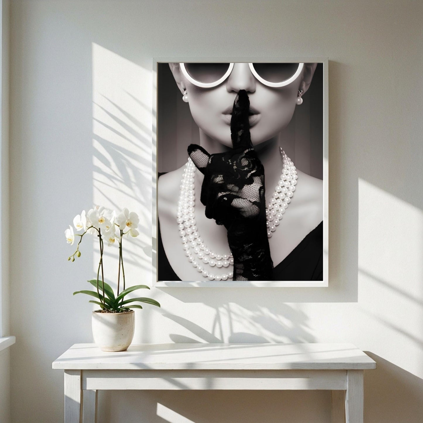 Shh Woman Poster, Black and White Fashion Wall Art, Retro Glamour Print, Pearl Necklace Art, Secret Sign Decor, Vintage Chic Room Decorv