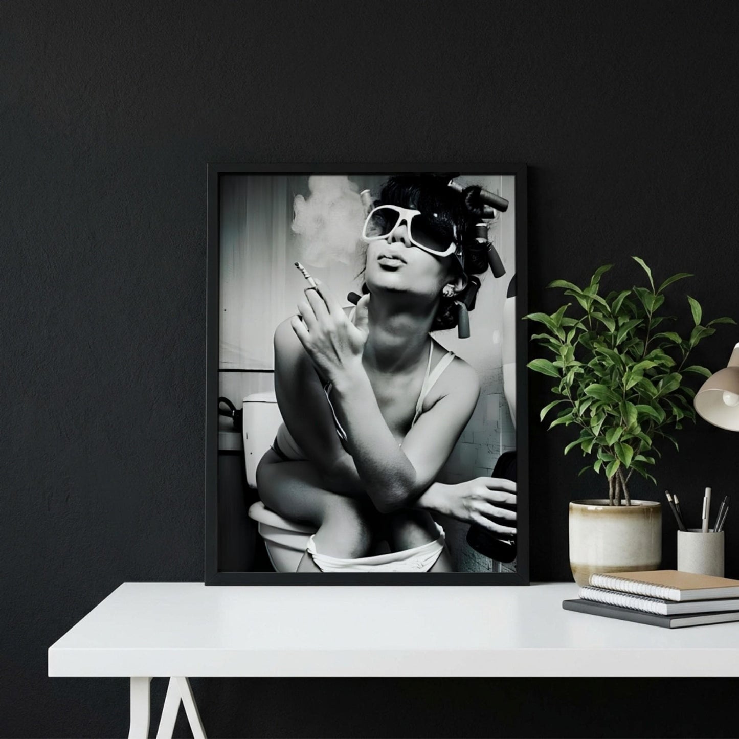 Funny Bathroom Wall Art, Woman Smoking on Toilet Poster, Black and White Restroom Print, Quirky Hair Rollers Art, Edgy Toilet Humor Decor