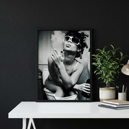 Funny Bathroom Wall Art, Woman Smoking on Toilet Poster, Black and White Restroom Print, Quirky Hair Rollers Art, Edgy Toilet Humor Decor