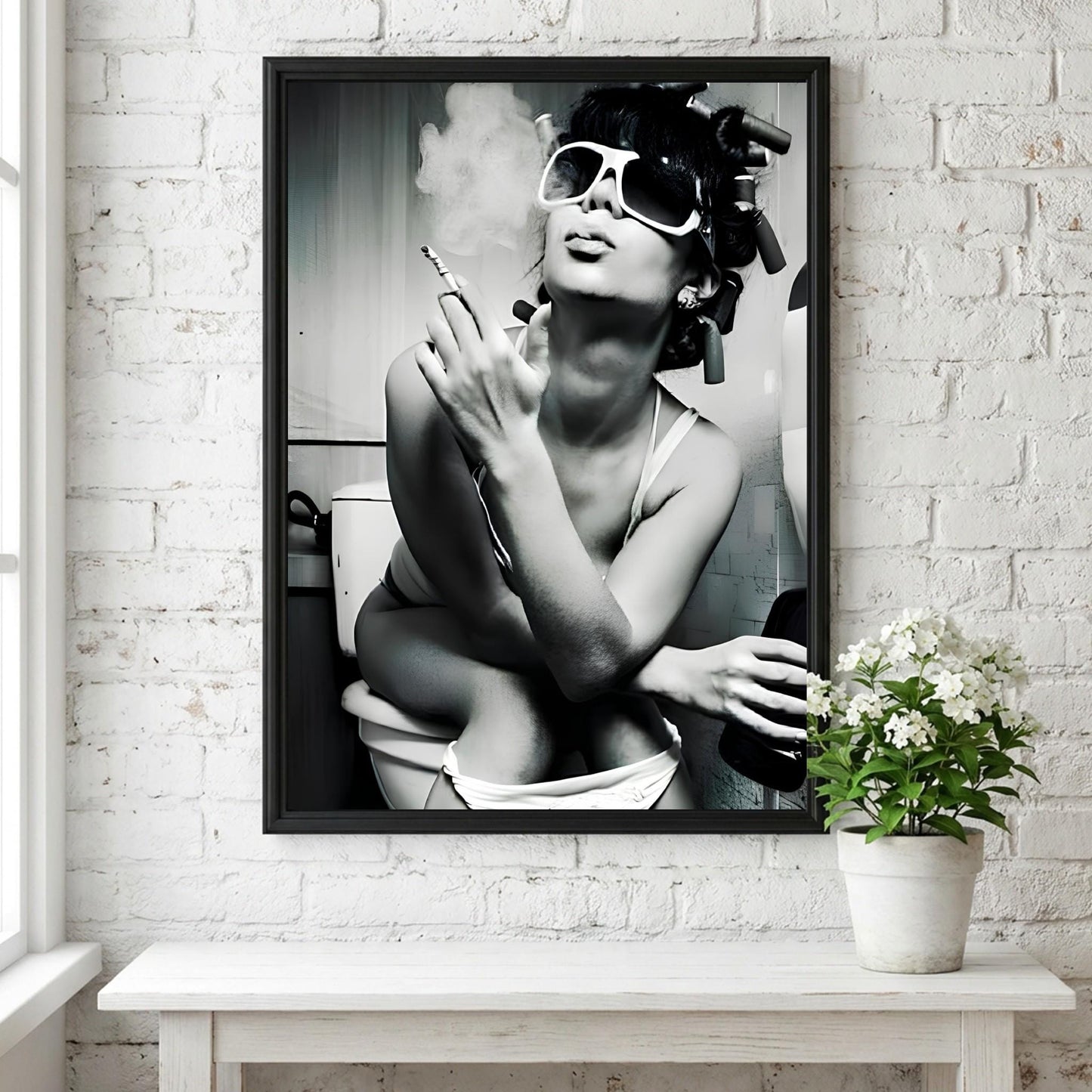 Funny Bathroom Wall Art, Woman Smoking on Toilet Poster, Black and White Restroom Print, Quirky Hair Rollers Art, Edgy Toilet Humor Decor