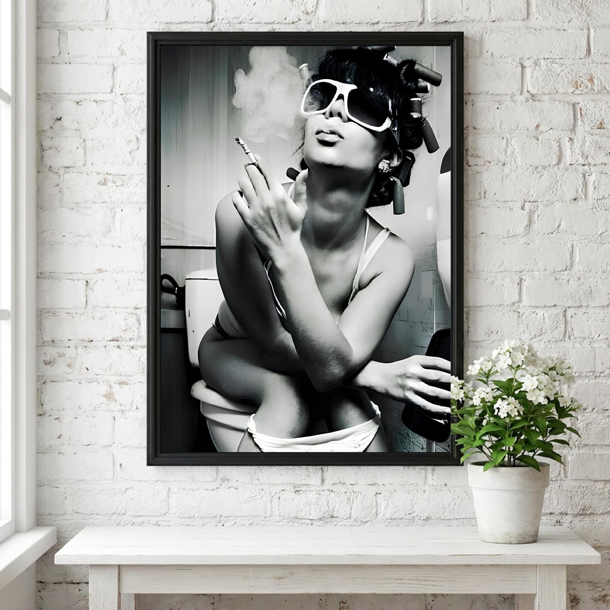 Funny Bathroom Wall Art, Woman Smoking on Toilet Poster, Black and White Restroom Print, Quirky Hair Rollers Art, Edgy Toilet Humor Decor