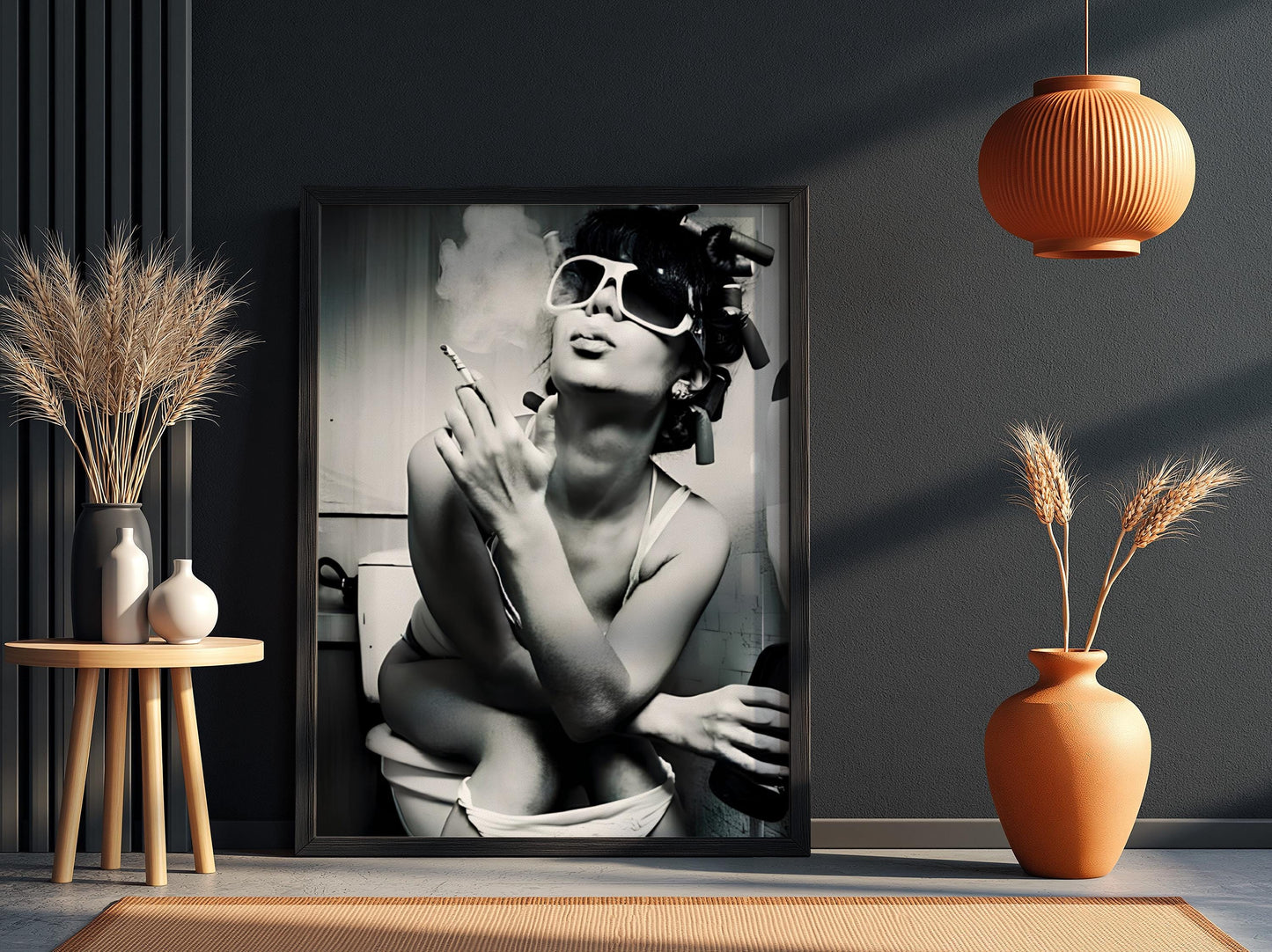Funny Bathroom Wall Art, Woman Smoking on Toilet Poster, Black and White Restroom Print, Quirky Hair Rollers Art, Edgy Toilet Humor Decor