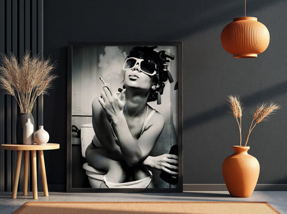 Funny Bathroom Wall Art, Woman Smoking on Toilet Poster, Black and White Restroom Print, Quirky Hair Rollers Art, Edgy Toilet Humor Decor