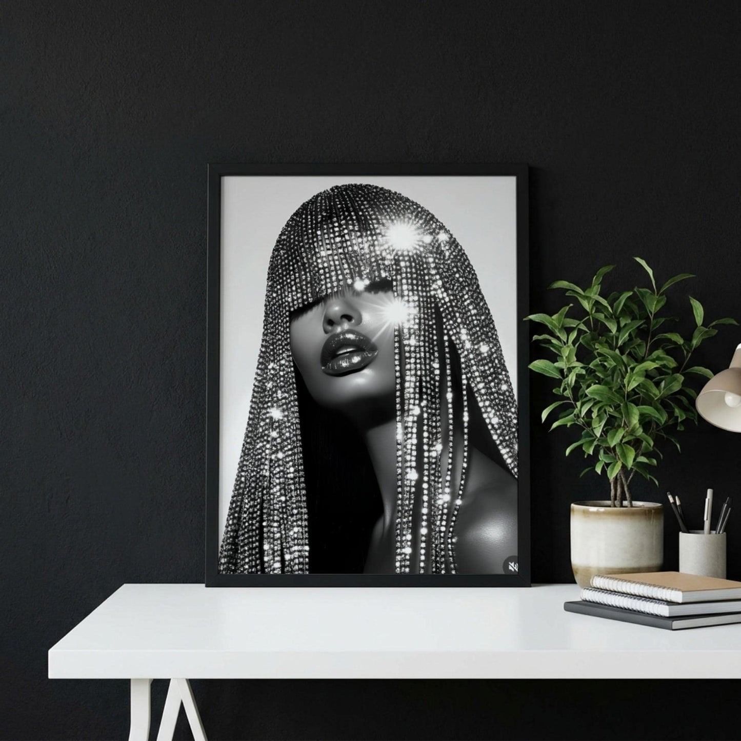 Crystal Fringe Mask Poster, Black and White Fashion Wall Art, Rhinestone Headdress Print, Glamour Room Decor, Edgy Diamond Portrait Art