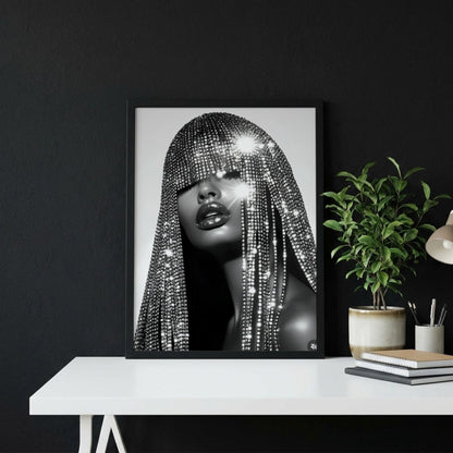 Crystal Fringe Mask Poster, Black and White Fashion Wall Art, Rhinestone Headdress Print, Glamour Room Decor, Edgy Diamond Portrait Art