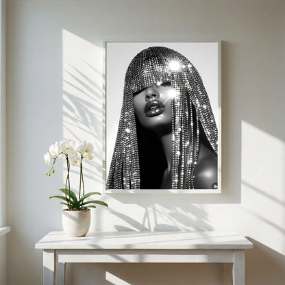 Crystal Fringe Mask Poster, Black and White Fashion Wall Art, Rhinestone Headdress Print, Glamour Room Decor, Edgy Diamond Portrait Art