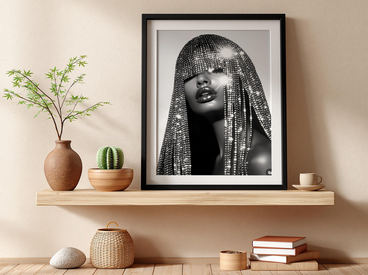 Crystal Fringe Mask Poster, Black and White Fashion Wall Art, Rhinestone Headdress Print, Glamour Room Decor, Edgy Diamond Portrait Art