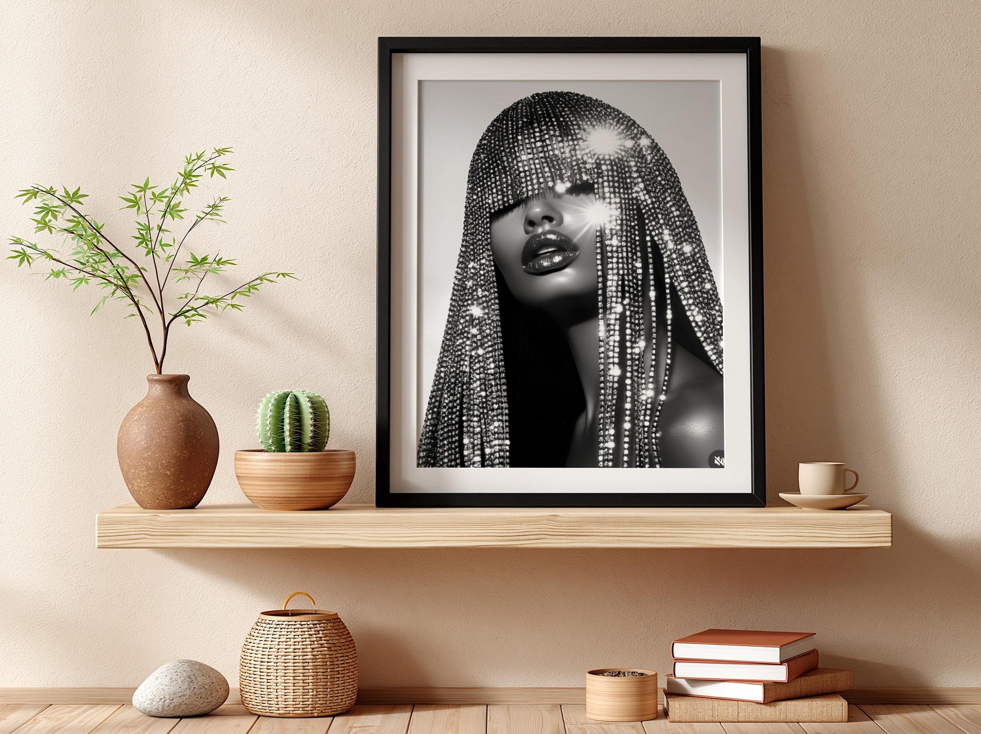 Crystal Fringe Mask Poster, Black and White Fashion Wall Art, Rhinestone Headdress Print, Glamour Room Decor, Edgy Diamond Portrait Art