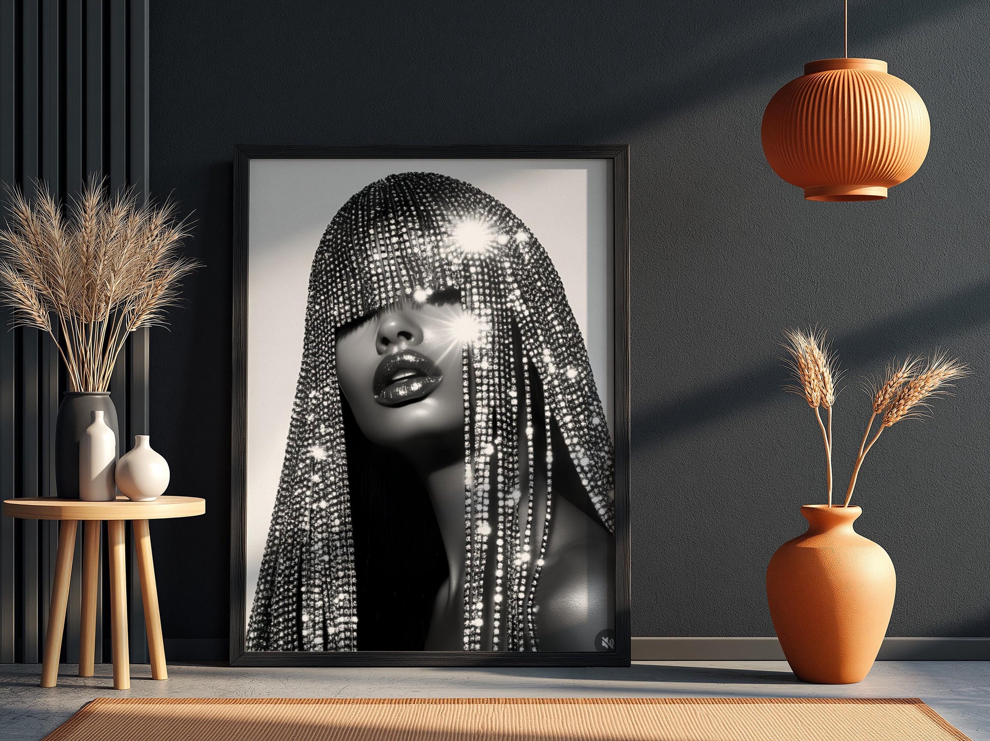 Crystal Fringe Mask Poster, Black and White Fashion Wall Art, Rhinestone Headdress Print, Glamour Room Decor, Edgy Diamond Portrait Art