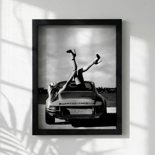 Vintage Porsche Poster, Classic Car Wall Art, Black and White Print, Old Money Aesthetic Decor, High Heels Fashion Art, Edgy Room Decor