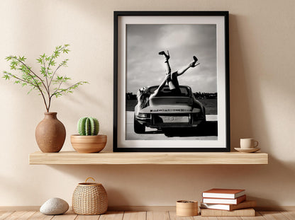 Vintage Porsche Poster, Classic Car Wall Art, Black and White Print, Old Money Aesthetic Decor, High Heels Fashion Art, Edgy Room Decor