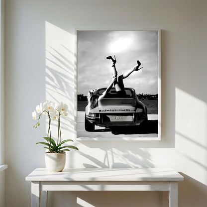 Vintage Porsche Poster, Classic Car Wall Art, Black and White Print, Old Money Aesthetic Decor, High Heels Fashion Art, Edgy Room Decor