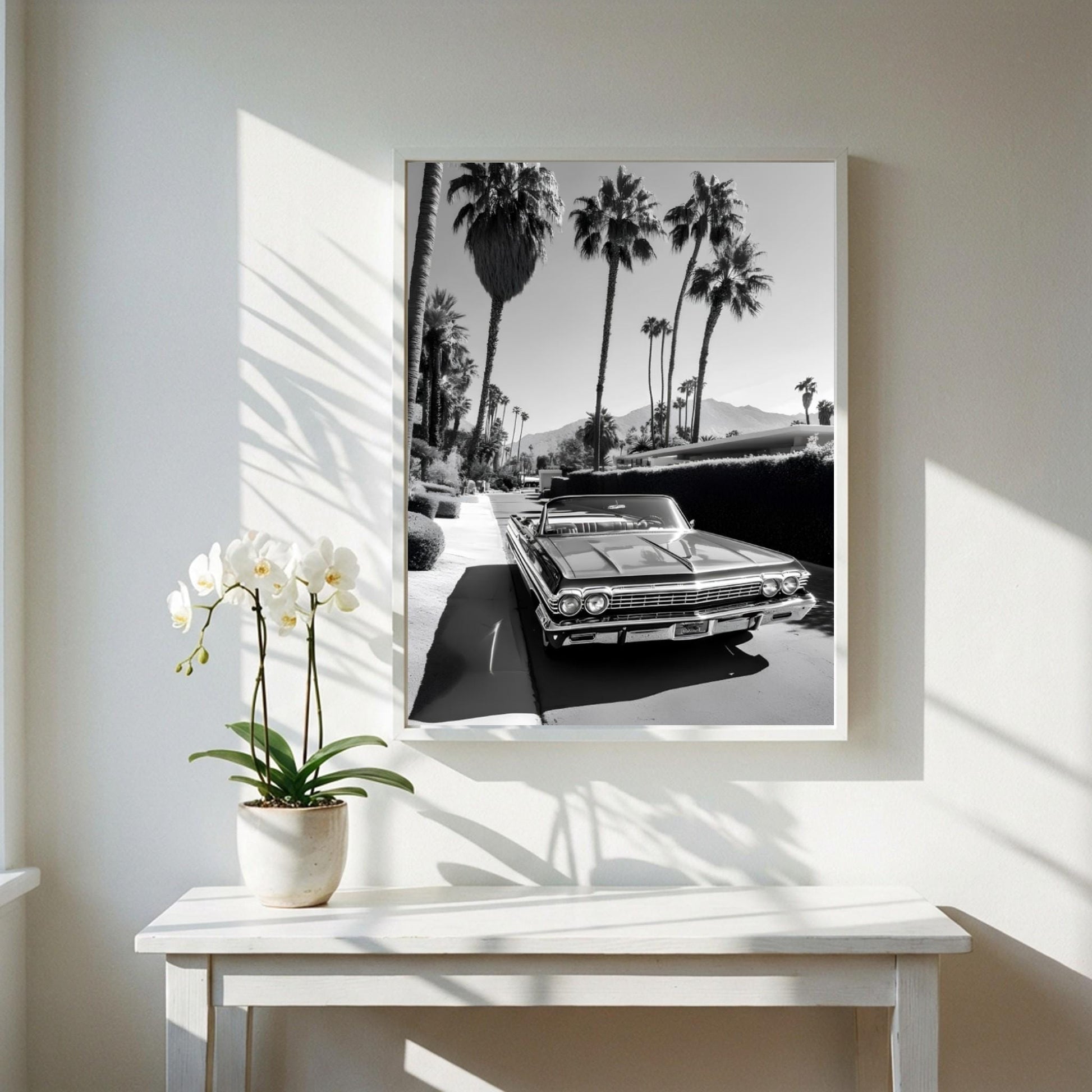 Vintage Car Poster, Palm Springs Wall Art, Black and White Print, Classic Convertible Decor, Retro California Photography, Mid Century Modern Art