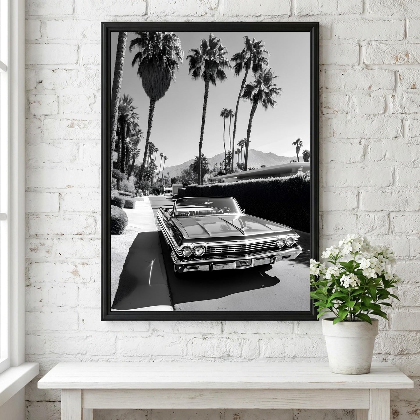 Vintage Car Poster, Palm Springs Wall Art, Black and White Print, Classic Convertible Decor, Retro California Photography, Mid Century Modern Art