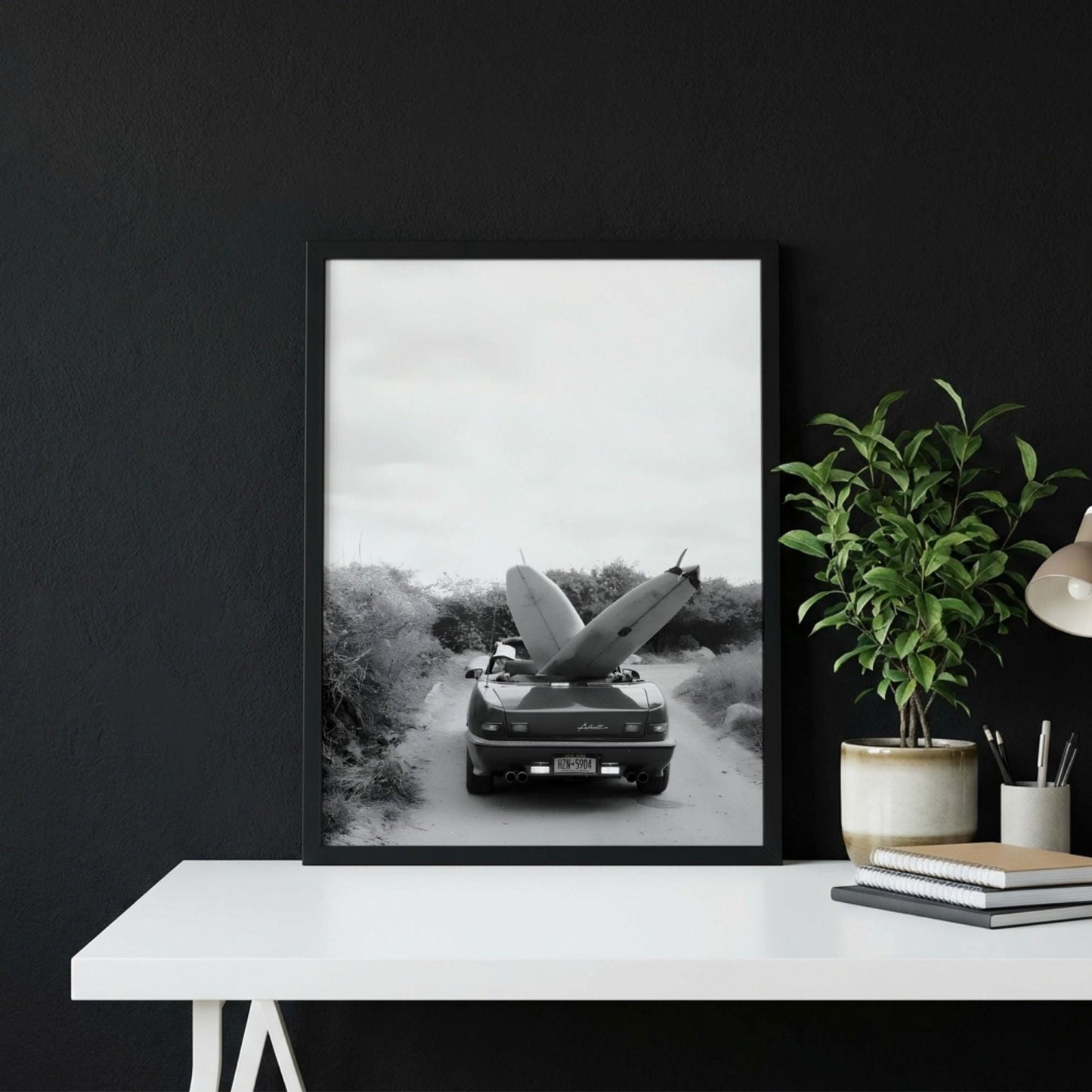 Surfboard Car Poster, Vintage Surf Print, Black and White Beach Art, Coastal Wall Decor, Retro Beach House Art, Summer Vibe Photography