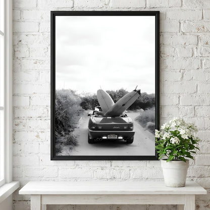 Surfboard Car Poster, Vintage Surf Print, Black and White Beach Art, Coastal Wall Decor, Retro Beach House Art, Summer Vibe Photography