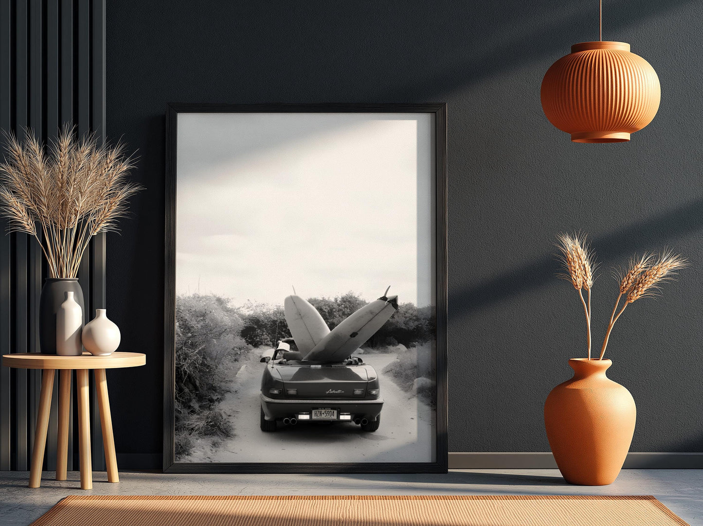 Surfboard Car Poster, Vintage Surf Print, Black and White Beach Art, Coastal Wall Decor, Retro Beach House Art, Summer Vibe Photography