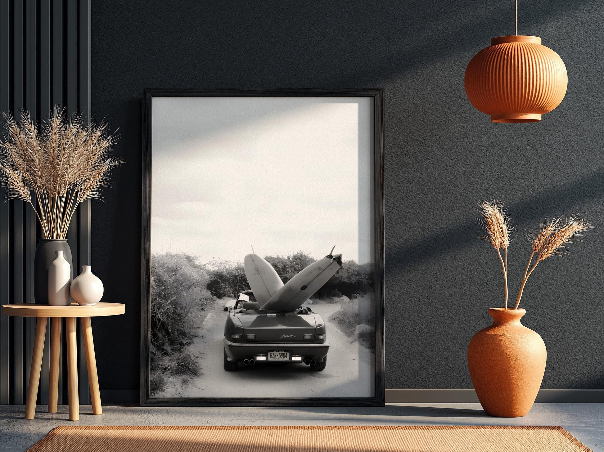 Surfboard Car Poster, Vintage Surf Print, Black and White Beach Art, Coastal Wall Decor, Retro Beach House Art, Summer Vibe Photography