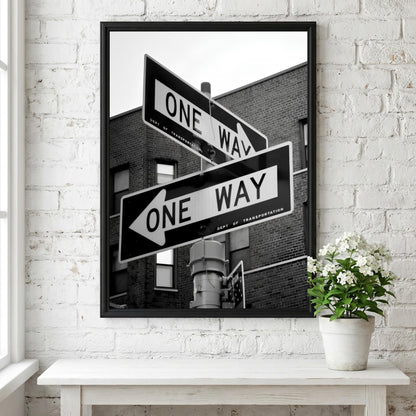 One Way Sign Poster, Urban Street Art, Black White Print, NYC City Wall Decor, Vintage Street Sign, Industrial Room Decor, Cityscape Art