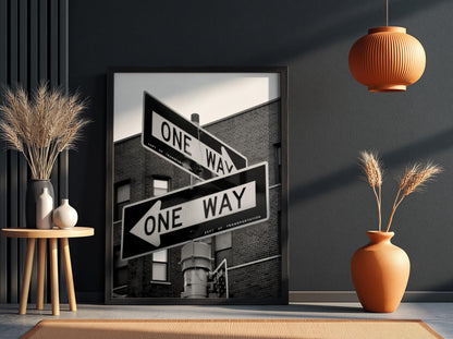 One Way Sign Poster, Urban Street Art, Black White Print, NYC City Wall Decor, Vintage Street Sign, Industrial Room Decor, Cityscape Art