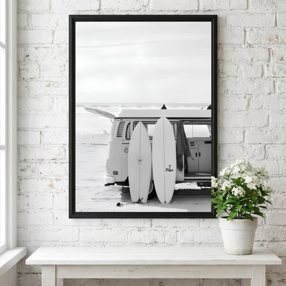 Surfboard Van Poster, Black White Beach Art, Vintage Camper Print, Coastal Room Decor, Retro Surf Wall Art, Minimalist Ocean Decor