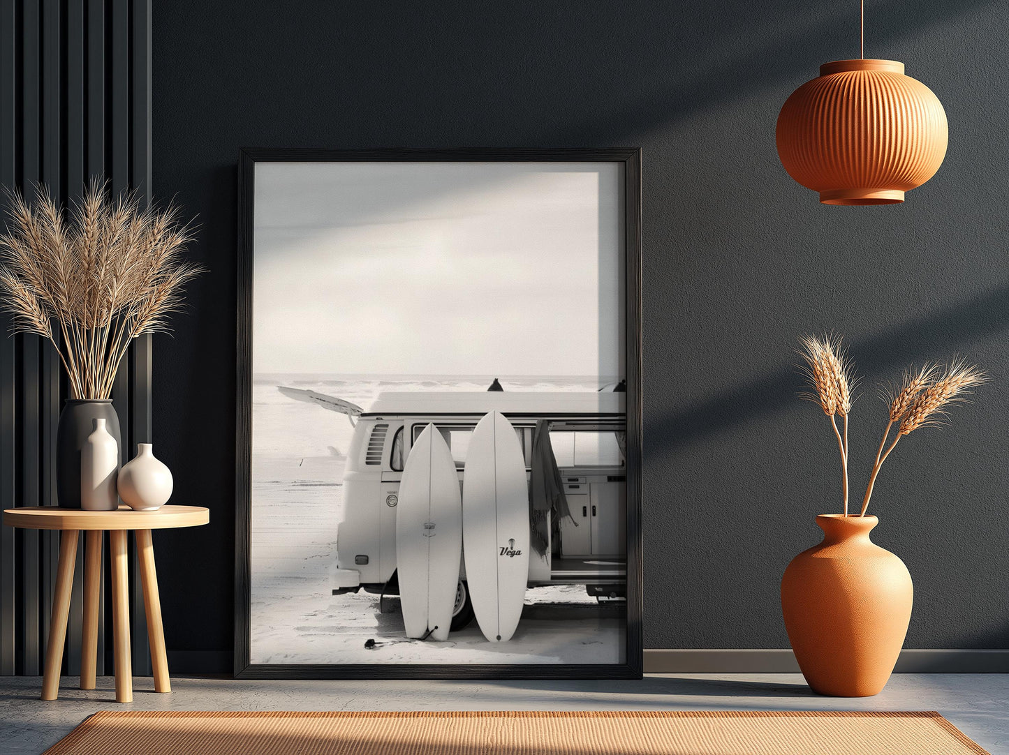 Surfboard Van Poster, Black White Beach Art, Vintage Camper Print, Coastal Room Decor, Retro Surf Wall Art, Minimalist Ocean Decor