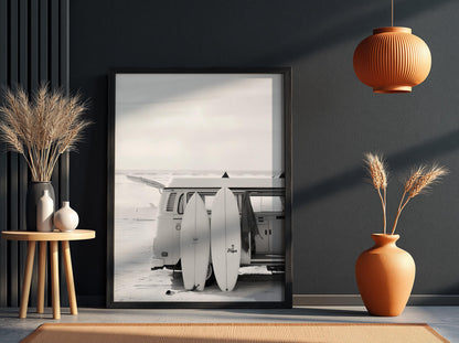 Surfboard Van Poster, Black White Beach Art, Vintage Camper Print, Coastal Room Decor, Retro Surf Wall Art, Minimalist Ocean Decor