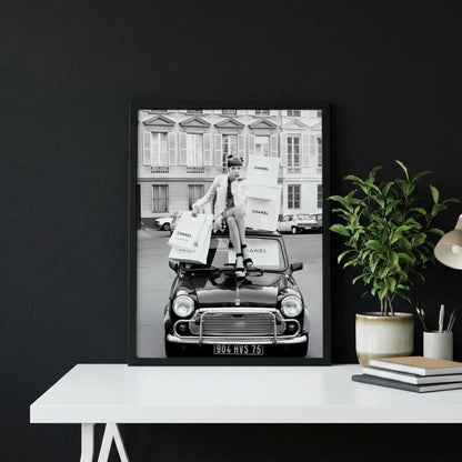 Paris Fashion Poster, Vintage Car Wall Art, Black White Print, Luxury Shopping Decor, Chic Room Decor, Designer Bag Print, Retro Glamour