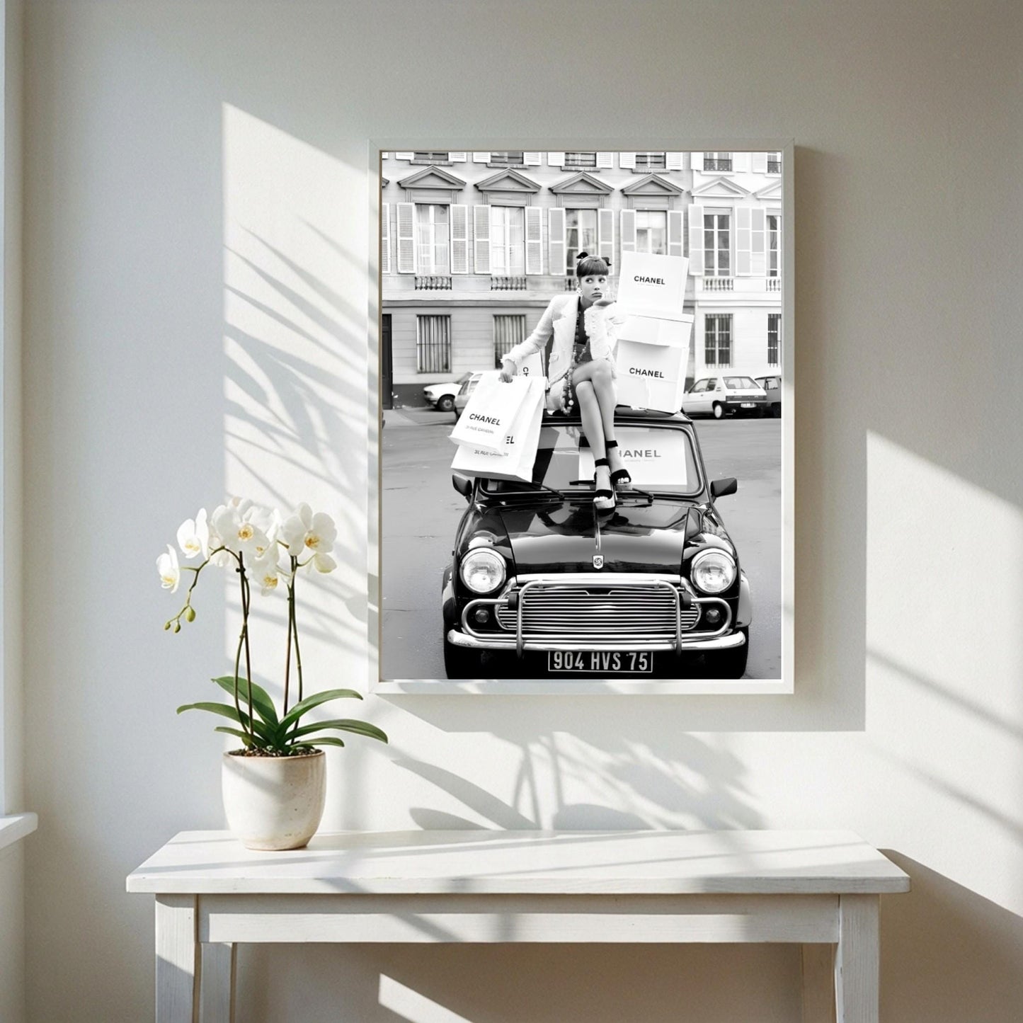 Paris Fashion Poster, Vintage Car Wall Art, Black White Print, Luxury Shopping Decor, Chic Room Decor, Designer Bag Print, Retro Glamour