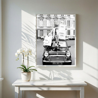 Paris Fashion Poster, Vintage Car Wall Art, Black White Print, Luxury Shopping Decor, Chic Room Decor, Designer Bag Print, Retro Glamour