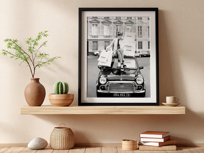 Paris Fashion Poster, Vintage Car Wall Art, Black White Print, Luxury Shopping Decor, Chic Room Decor, Designer Bag Print, Retro Glamour