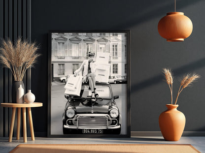 Paris Fashion Poster, Vintage Car Wall Art, Black White Print, Luxury Shopping Decor, Chic Room Decor, Designer Bag Print, Retro Glamour