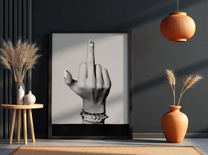 Middle Finger Poster, Punk Rock Wall Art, Black White Print, Edgy Room Decor, Rebel Hand Sign, Badass Poster, Grunge Art Print