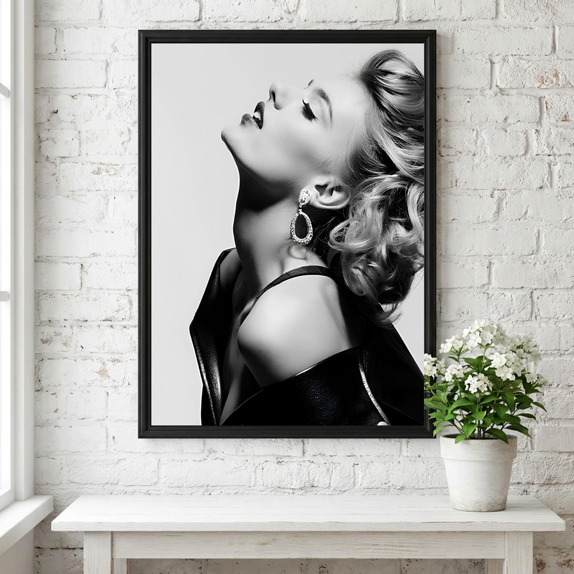 Scarlett Johansson | Black White Portrait | Leather Jacket Art | Retro Glamour Print | Edgy Fashion Poster
