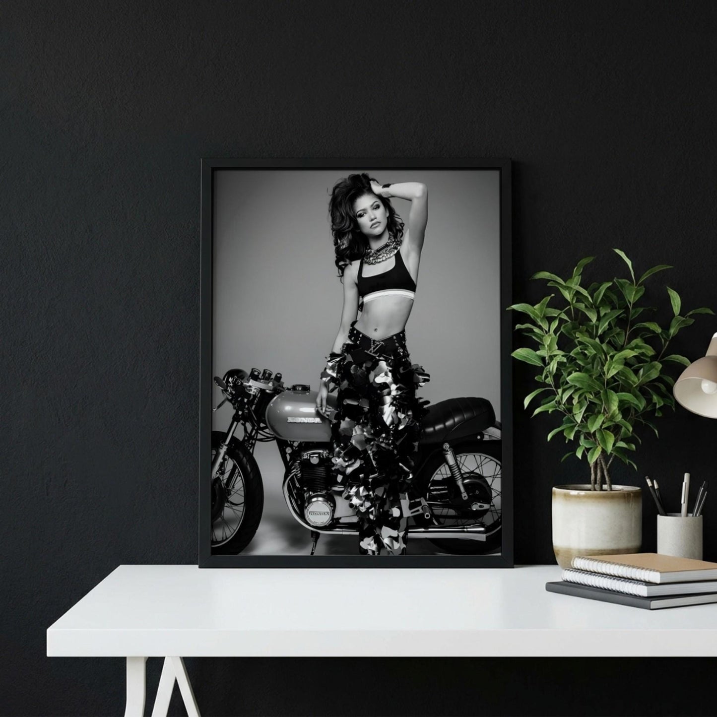 Zendaya | Black White Print | Motorcycle Poster | Edgy Fashion Art | Retro Room Decor