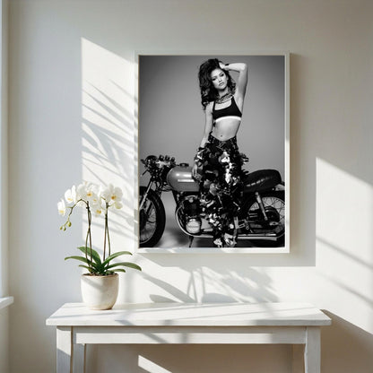 Zendaya | Black White Print | Motorcycle Poster | Edgy Fashion Art | Retro Room Decor