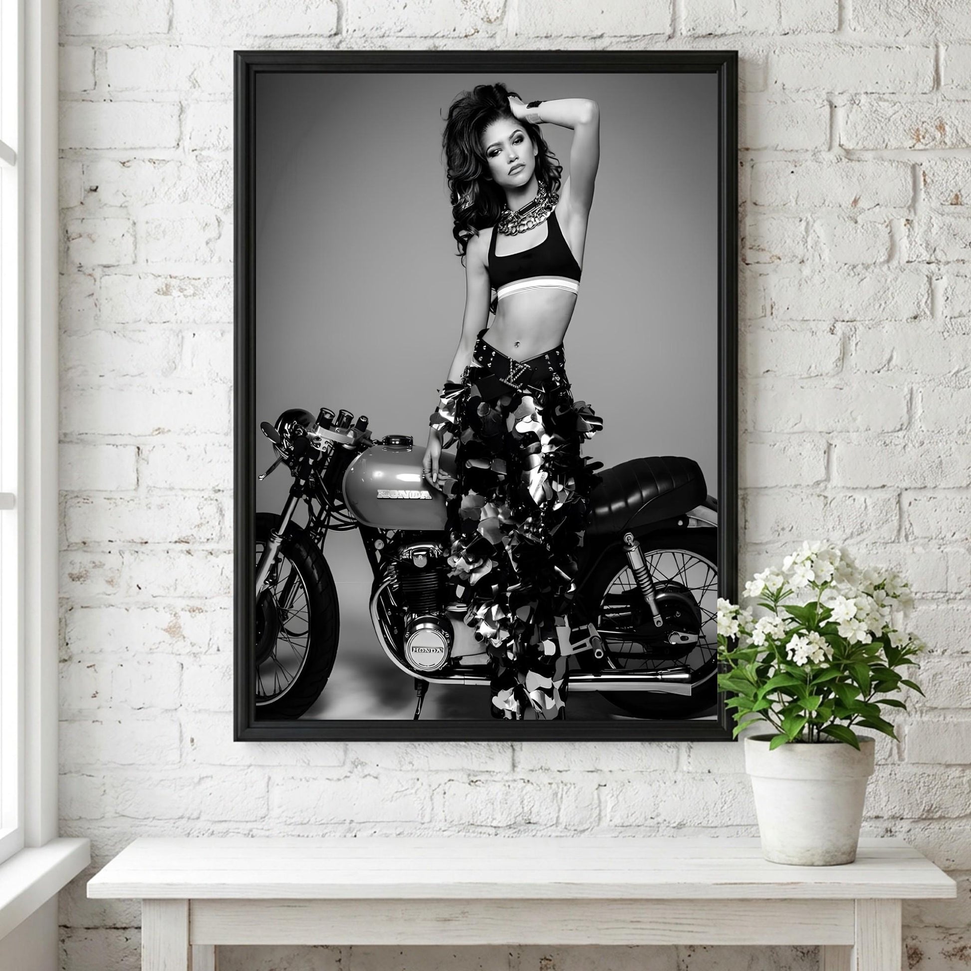 Zendaya | Black White Print | Motorcycle Poster | Edgy Fashion Art | Retro Room Decor