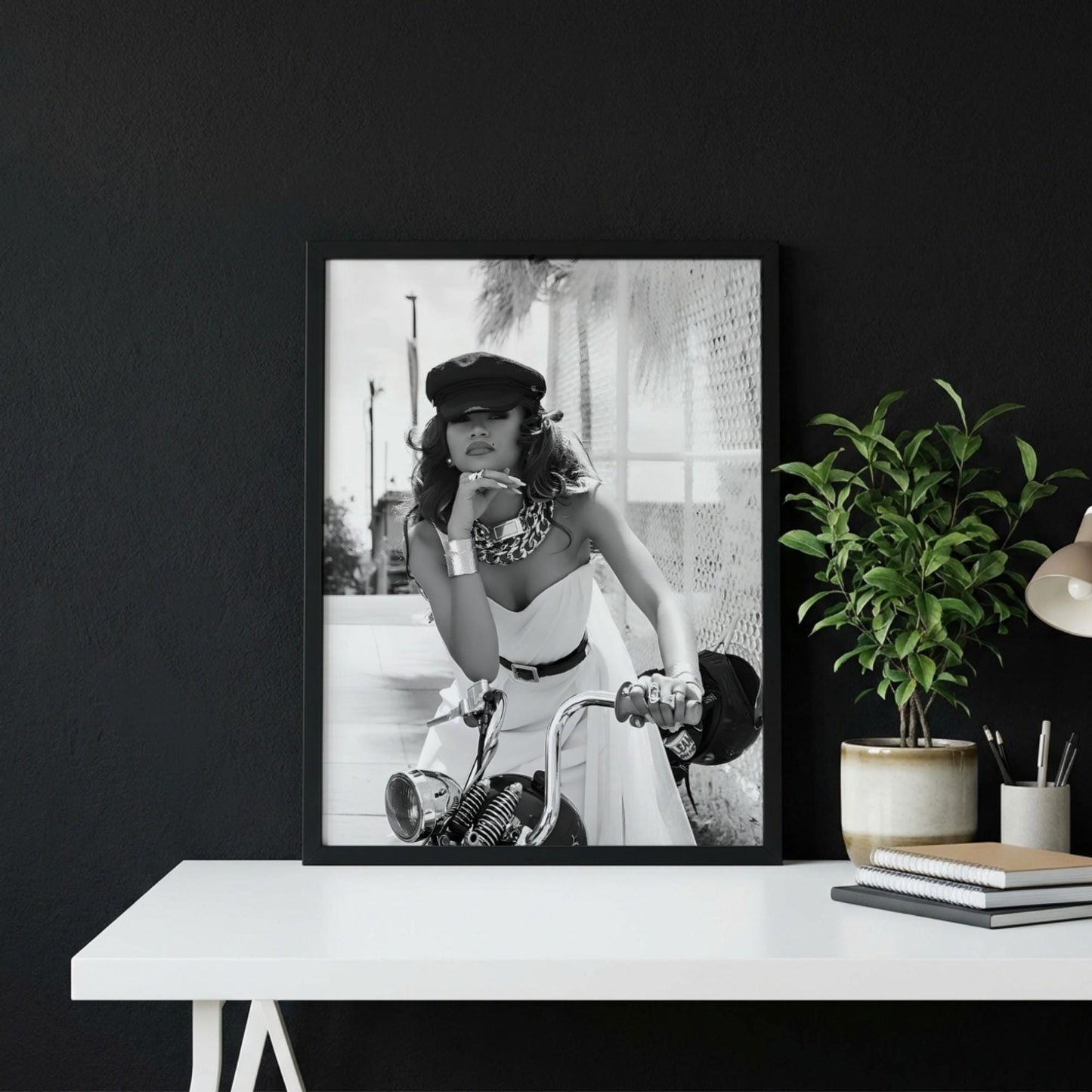 Zendaya | Black White Motorcycle Print | Biker Chic Wall Art | Vintage Glamour Poster | Edgy Fashion Decor