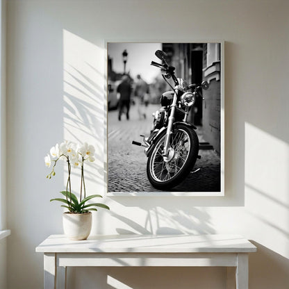Black and White Motorcycle Print | Classic Cruiser Wall Art | Urban Biker Poster | Cinematic Street Decor | Edgy Office Art