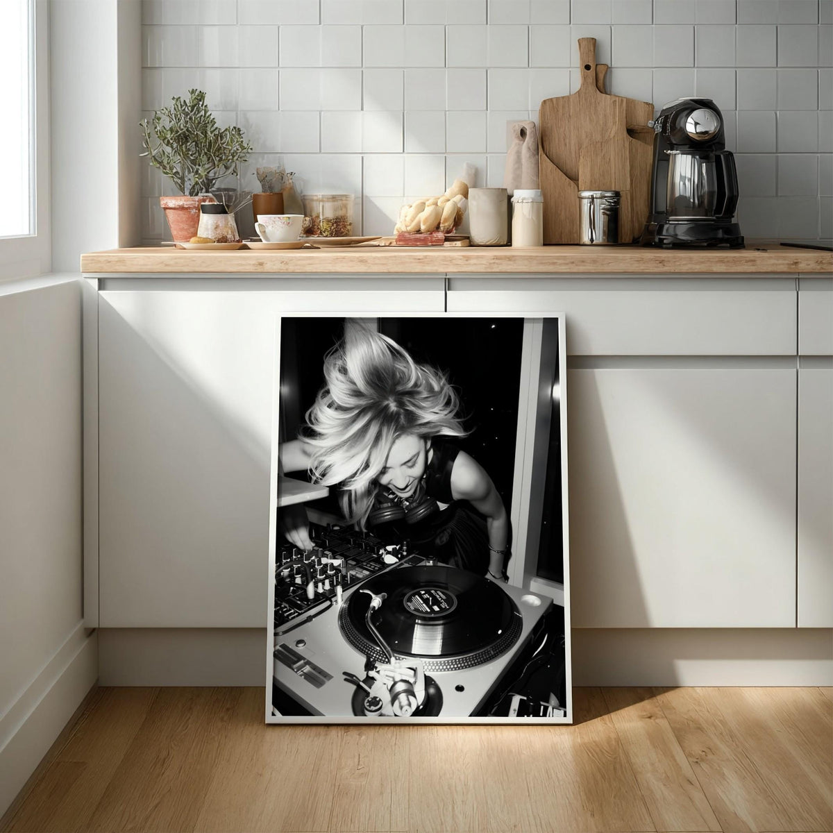Female DJ Vinyl Print | Black and White Music Poster | Energetic Studio Wall Art | Boss Lady Decor | Modern Turntable Art