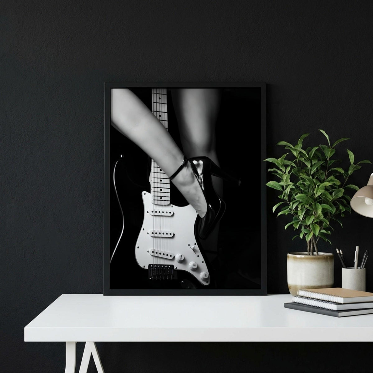 High Heel Guitar Art | Edgy Boss Lady Print | Rock and Roll Poster | Black and White Music Decor | Modern Studio Wall Art