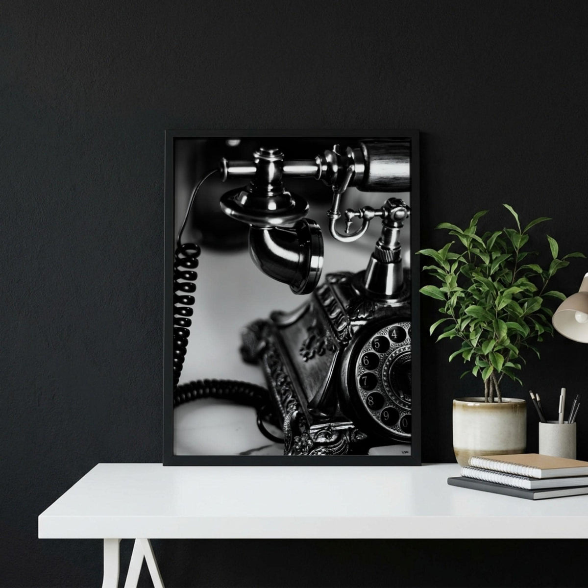 Vintage Telephone Print | Black and White Retro Phone Poster | Antique Office Wall Art | Dark Academia Decor | Classic Executive Art