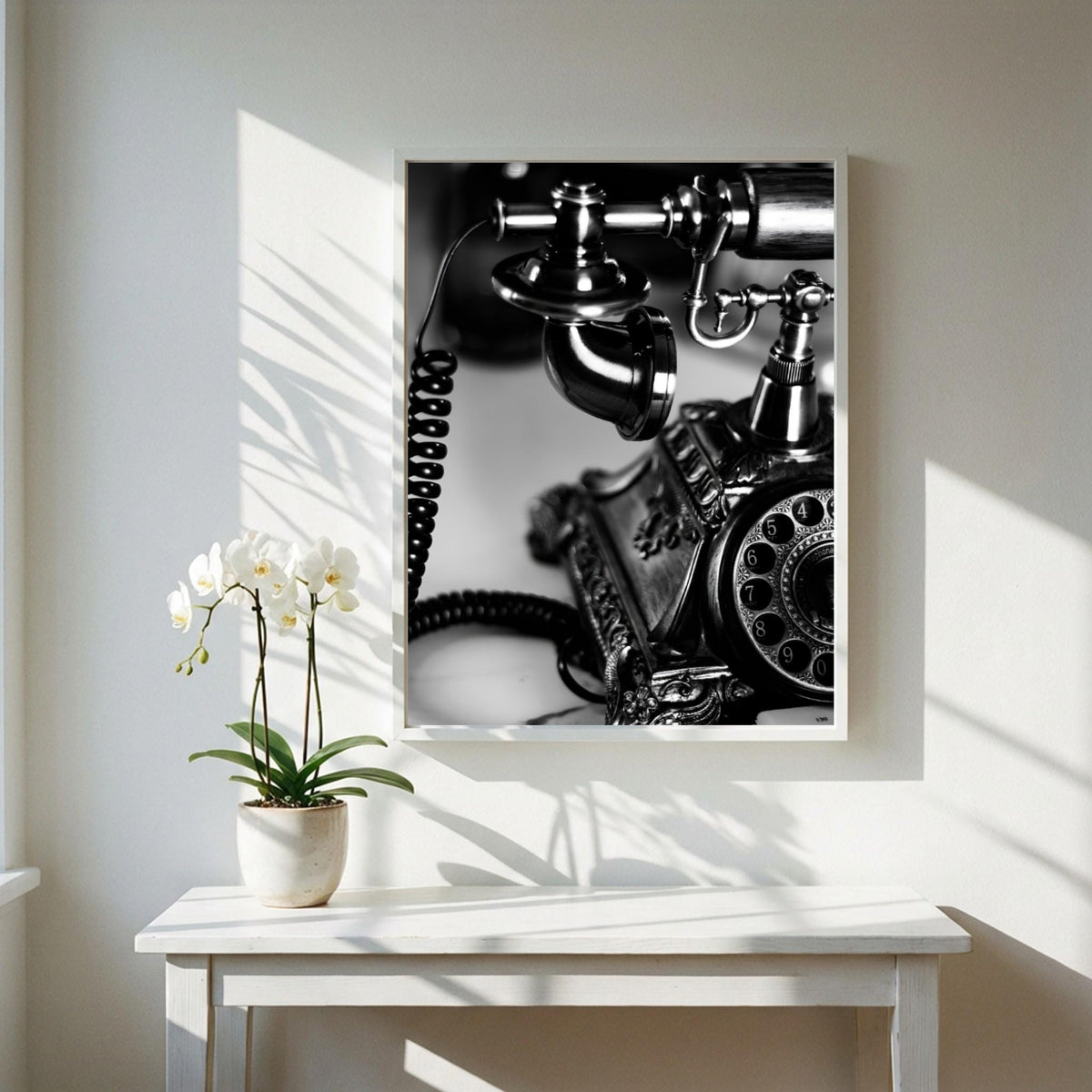 Vintage Telephone Print | Black and White Retro Phone Poster | Antique Office Wall Art | Dark Academia Decor | Classic Executive Art