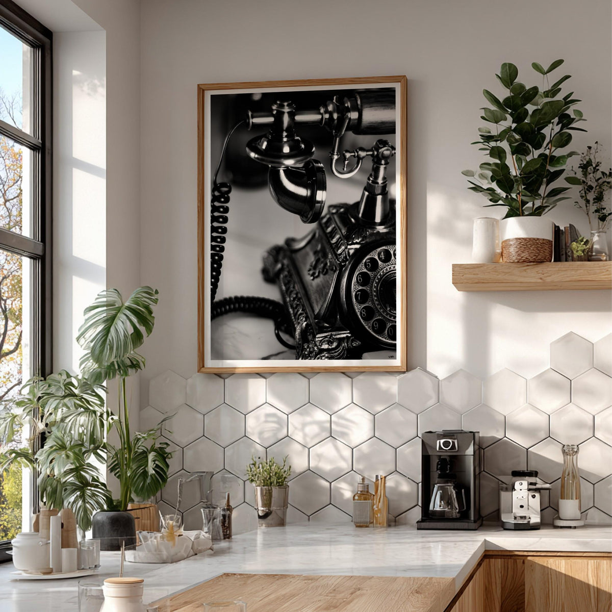 Vintage Telephone Print | Black and White Retro Phone Poster | Antique Office Wall Art | Dark Academia Decor | Classic Executive Art